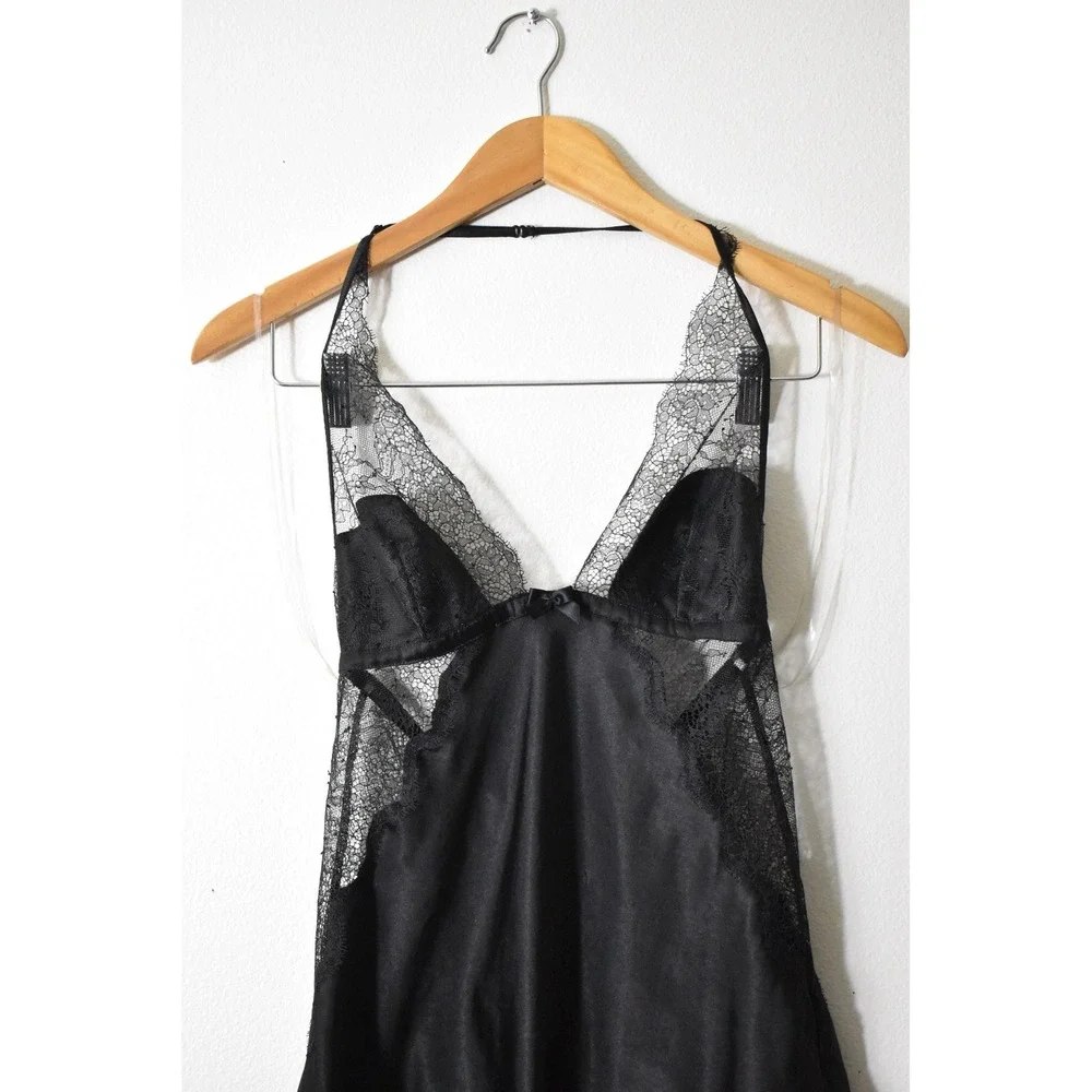 Victoria's Secret Chemise Women Medium Black Modern Satin Lace Halter Open Back - Picture 2 of 7